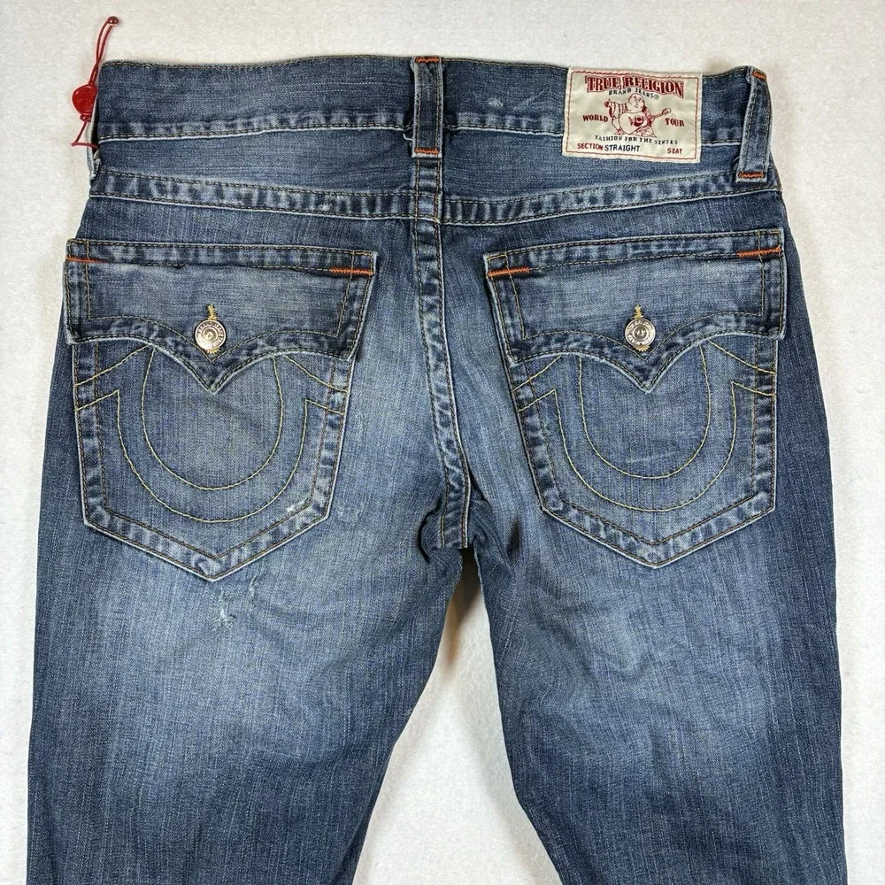 True Religion Ricky Straight Flap Men 33 x 33 Blue Distressed 100% Cotton Jeans